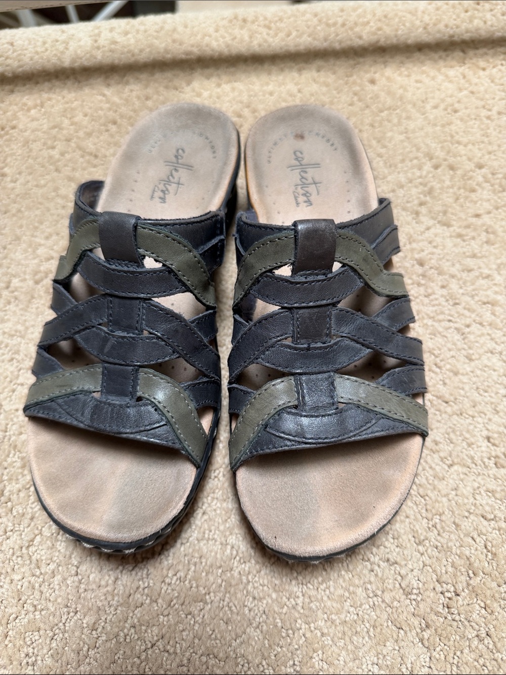 Clarks Blue and Olive Green Woven Slide Sandals